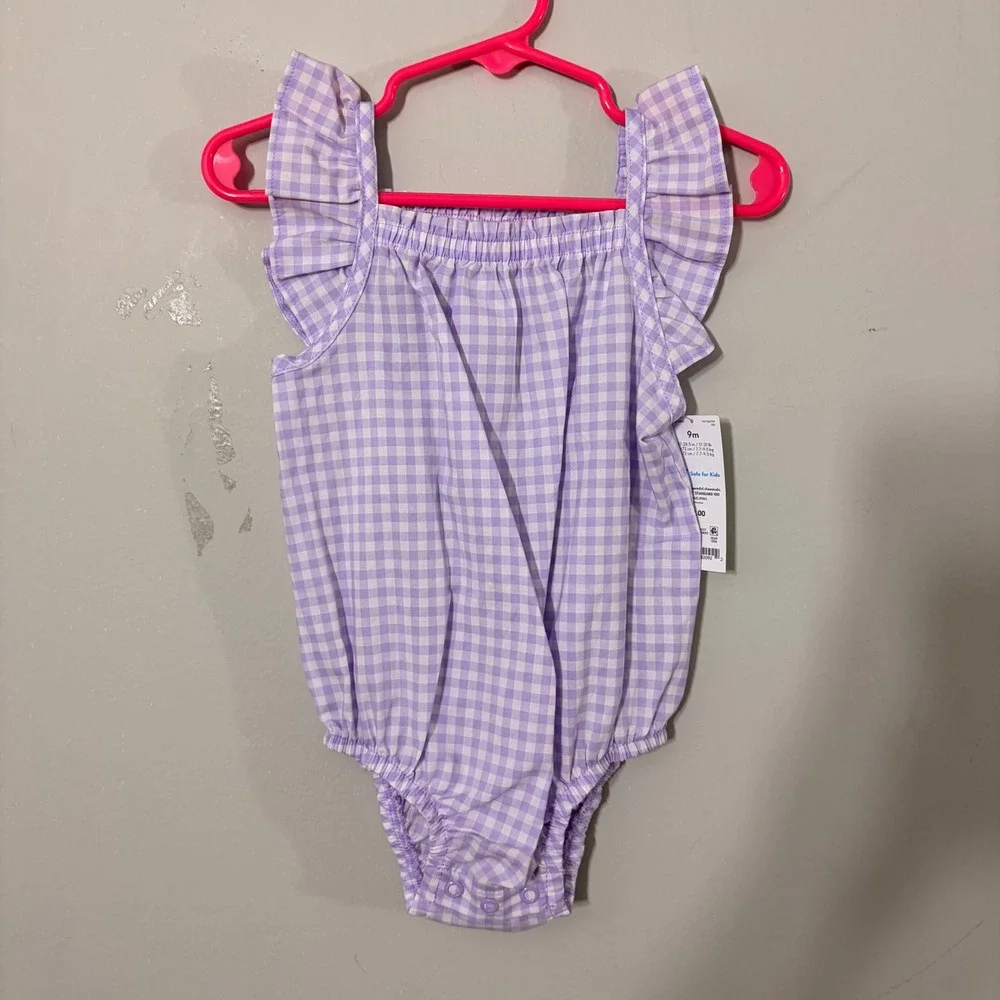 Carter's Romper Baby Girl 9M Purple NWT Gingham Ruffle Bubble Bodysuit SUNSUIT
